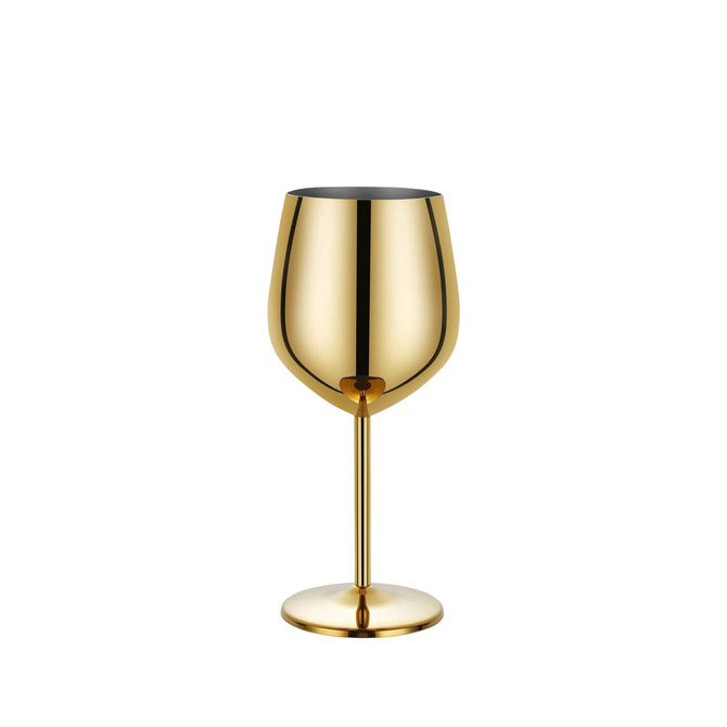 A gold stainless steel wine goblet with a sleek, modern design and a smooth, reflective finish.