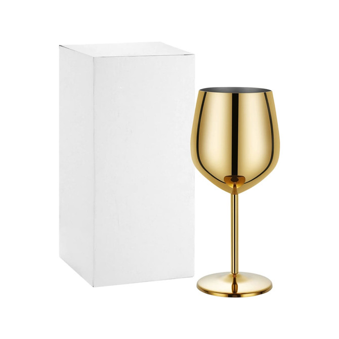 A gold stainless steel wine goblet next to a plain white box. The goblet features a sleek, polished finish.