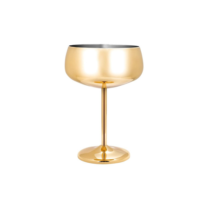 A stainless steel cocktail coupe in a shiny gold finish, featuring a tall stem and round base.