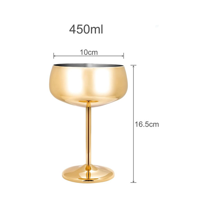 A gold stainless steel cocktail coupe with a polished finish, measuring 16.5 cm tall and 10 cm wide, featuring a logo.