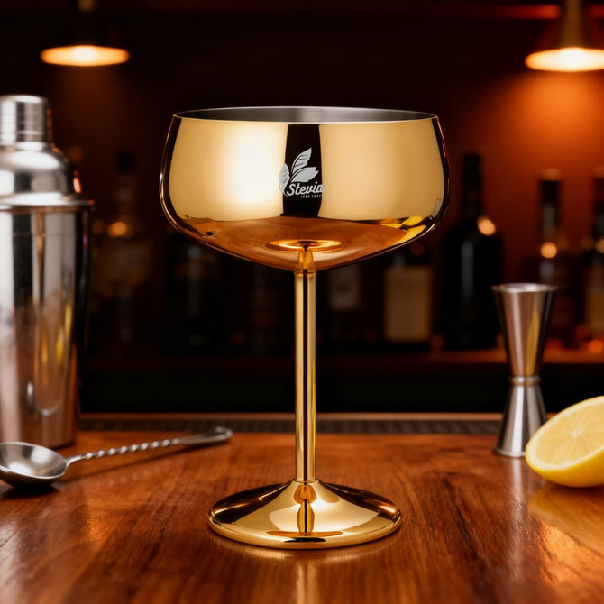 A gold stainless steel cocktail coupe with a polished finish, placed on a wooden bar top beside a shaker and a lemon.