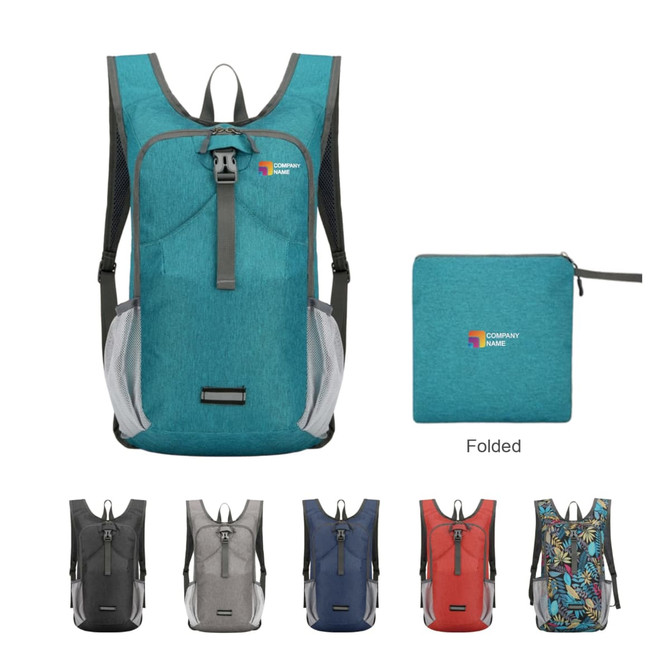 A large packable camping backpack in teal, folded next to a matching pouch. Available in several additional colours.