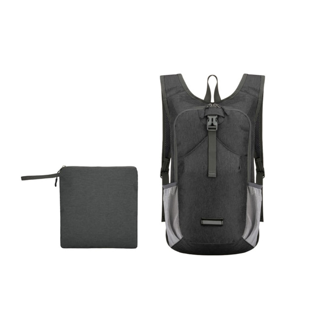 A large, packable camping backpack in grey with mesh side pockets, shown alongside its folded form.