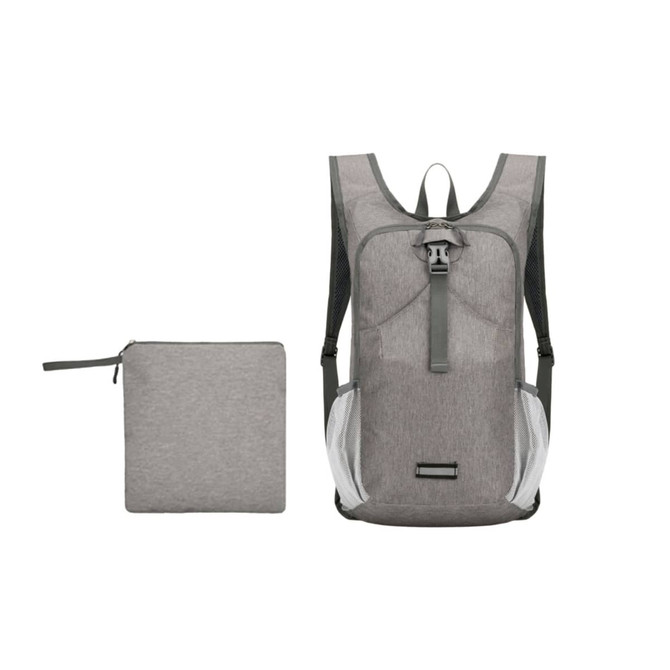 A large packable camping backpack in grey, alongside a small, matching storage pouch. The backpack features ergonomic straps and pockets.