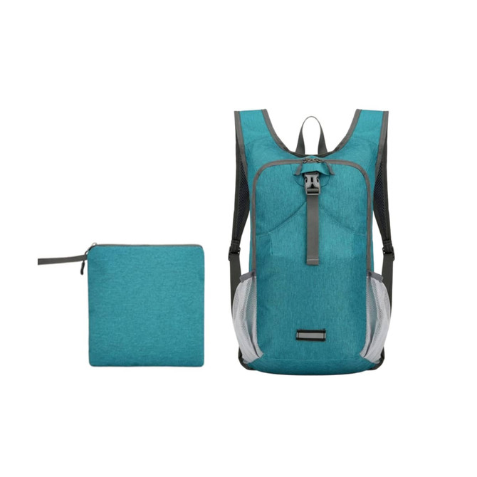 A large packable camping backpack in teal, next to a matching pouch. The backpack features side mesh pockets and a logo.