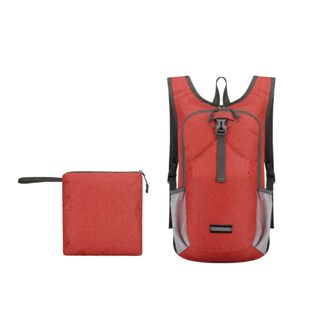 A red large packable camping backpack alongside a smaller, folded version of itself. Features a logo on the front.