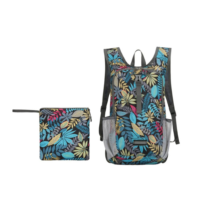 A large packable backpack in a multicoloured leaf pattern, with a smaller matching pouch beside it.