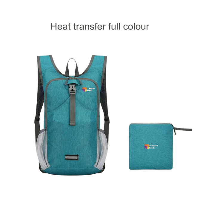 A teal large packable camping backpack with a logo, alongside a matching pouch for storage.