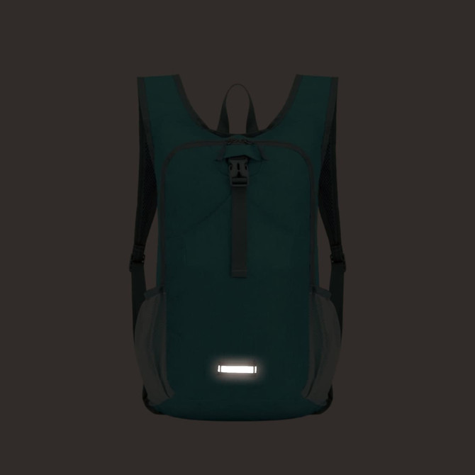 A large packable camping backpack in teal with reflective detailing and adjustable straps. It has a logo on the front.