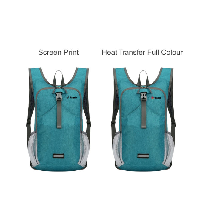 A large packable camping backpack in teal with grey accents, featuring two different printing styles and mesh side pockets.
