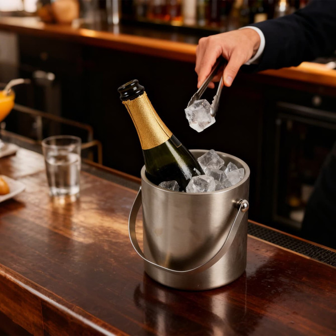 A stainless steel ice bucket filled with ice and a champagne bottle, with tongs being used to add ice.