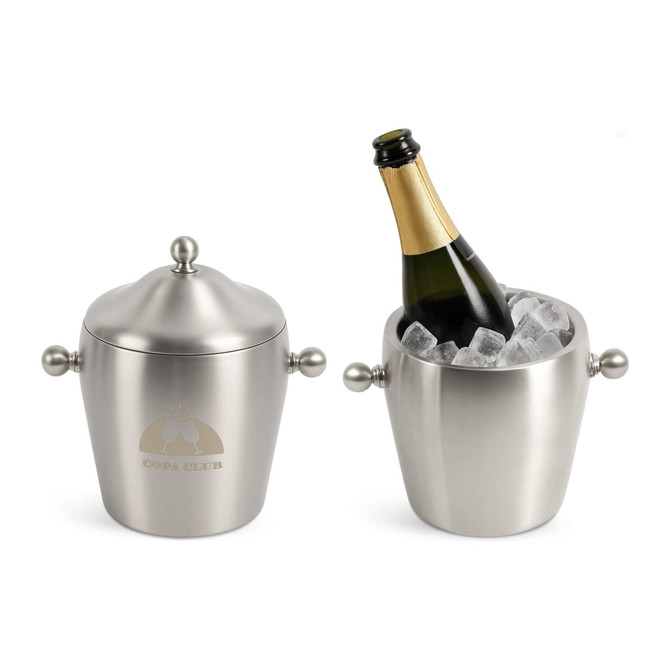 A stainless steel ice bucket with a polished finish, featuring a lid and a champagne bottle surrounded by ice.