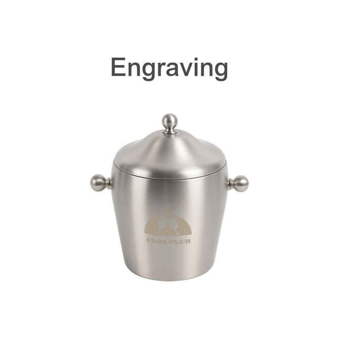 A stainless steel ice bucket with a lid and round handles, featuring a logo on the front.