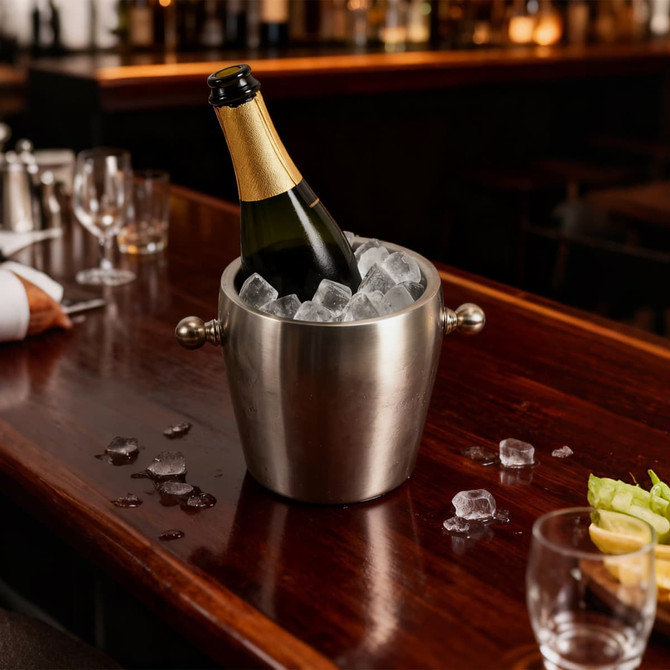 A stainless steel ice bucket filled with ice, holding a bottle of champagne, placed on a bar counter.