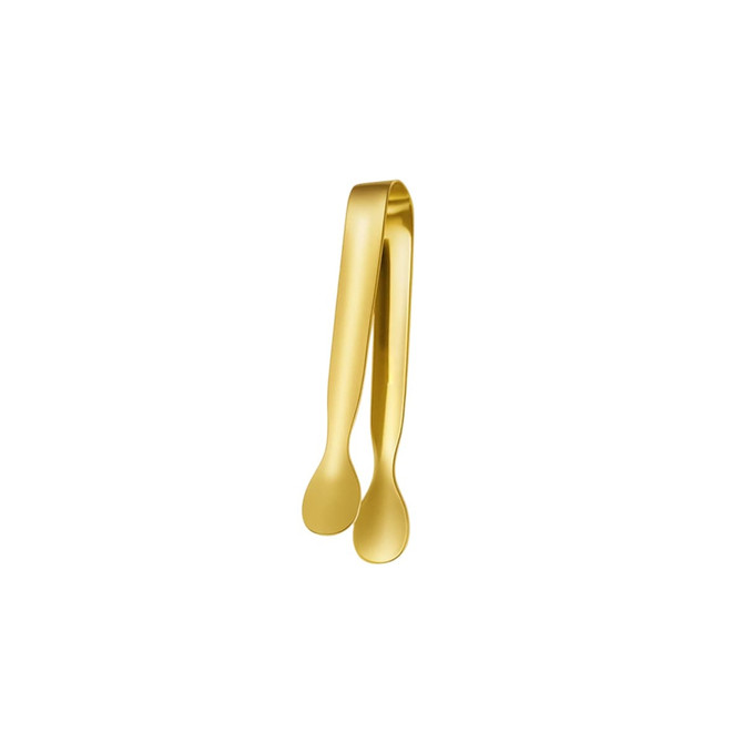 A pair of stainless steel ice tongs in a shiny gold finish, featuring rounded ends and a sleek design.