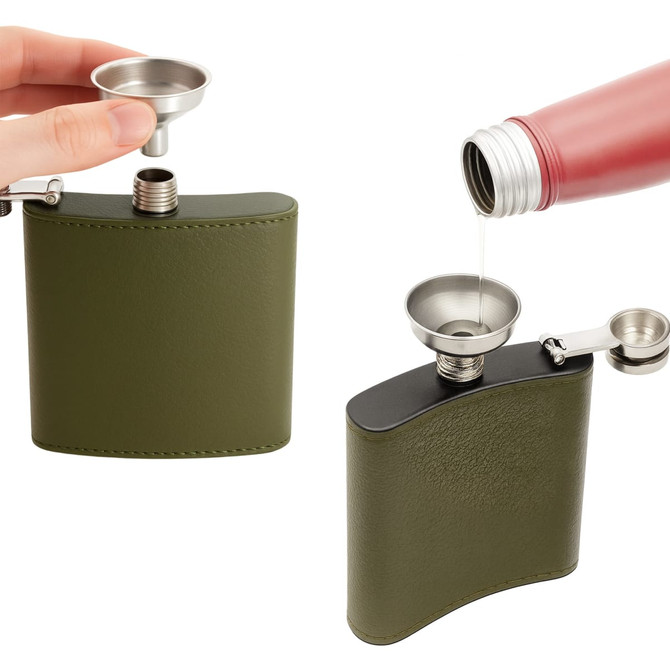 A stainless steel mini funnel is placed on a green flask, with liquid being poured from a bottle.