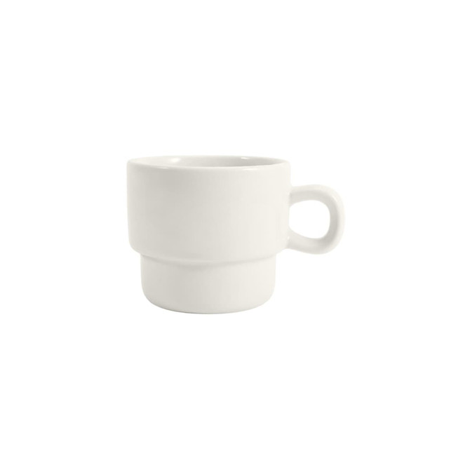A stackable ceramic mug in white, featuring a round body and a handle. It has a smooth, glossy finish.