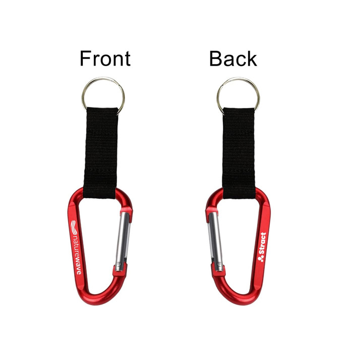 A red carabiner keychain with a black strap, featuring a logo on one side.