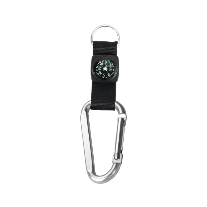 A silver carabiner keychain with a black strap and a green compass attachment. It features a logo.