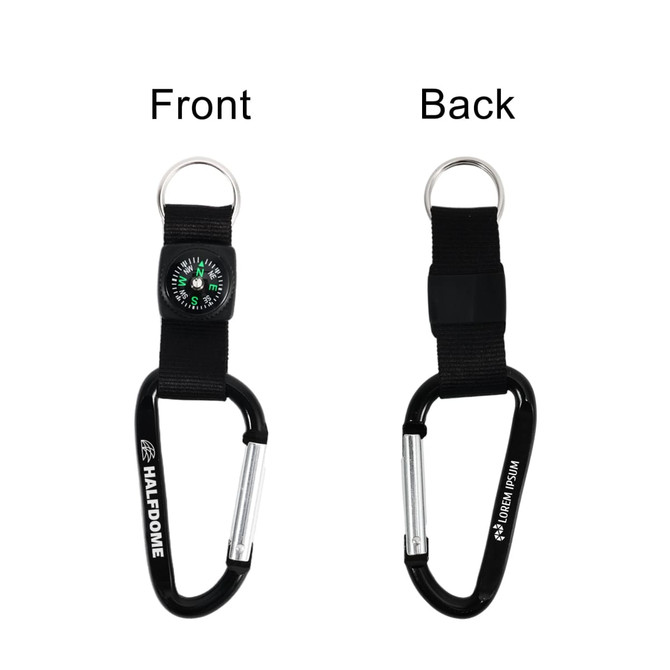 A black carabiner keychain featuring a compass and a sturdy strap. The keychain has a logo on one side.