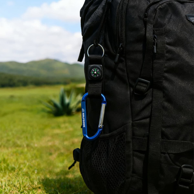 A blue carabiner with a compass attached to a black backpack in a grassy outdoor setting.