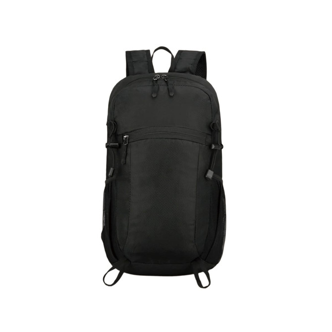 A black packable hiking backpack featuring multiple zippered pockets and mesh side pouches, with a logo on the front.
