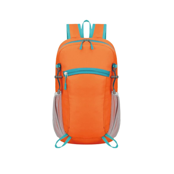 An orange packable hiking backpack with turquoise accents and mesh side pockets. Features multiple zippers for storage.