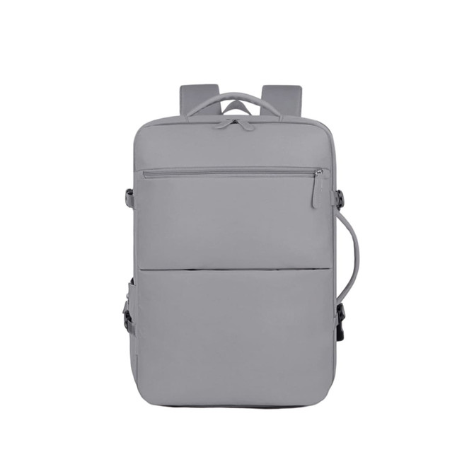 A grey expandable travel backpack with multiple compartments and a side handle, featuring a logo.