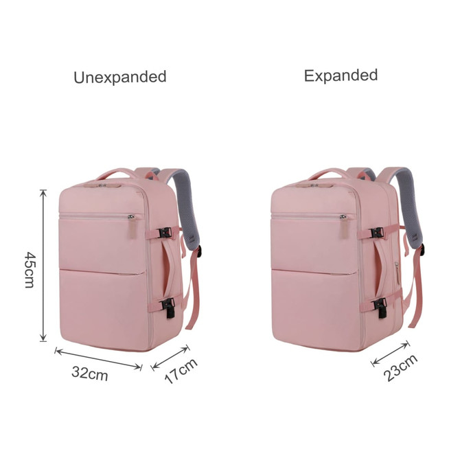 A pink expandable travel backpack, shown in both expanded and unexpanded forms, with multiple compartments and zippers.