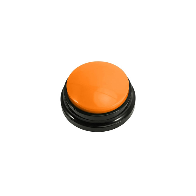 An orange button with a glossy finish, set on a black base. The button is round and prominent.