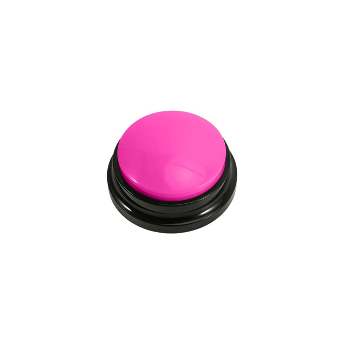 A pink voice recording button with a glossy finish, featuring a black base. The button is round and smooth.