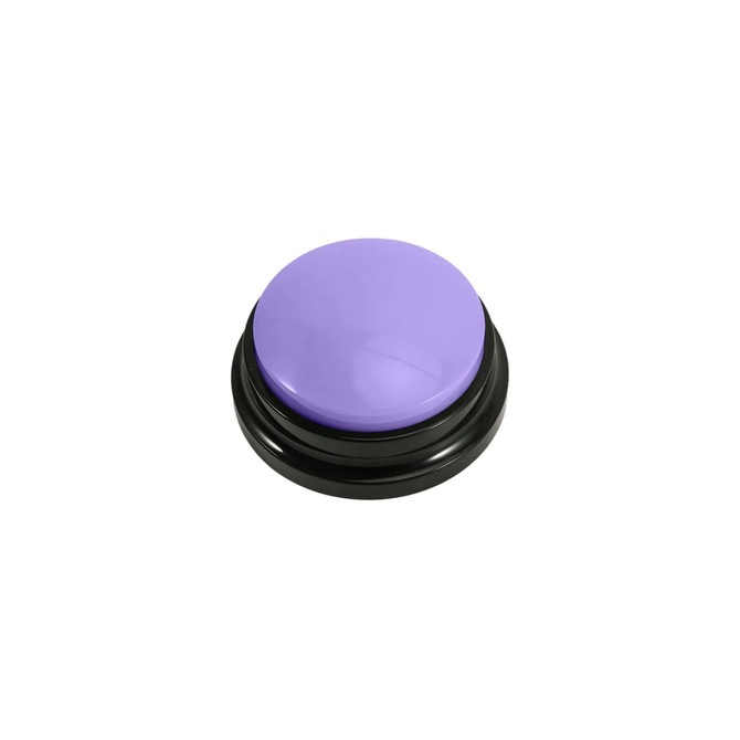 A purple voice recording button sits on a black base, featuring a smooth, glossy surface.