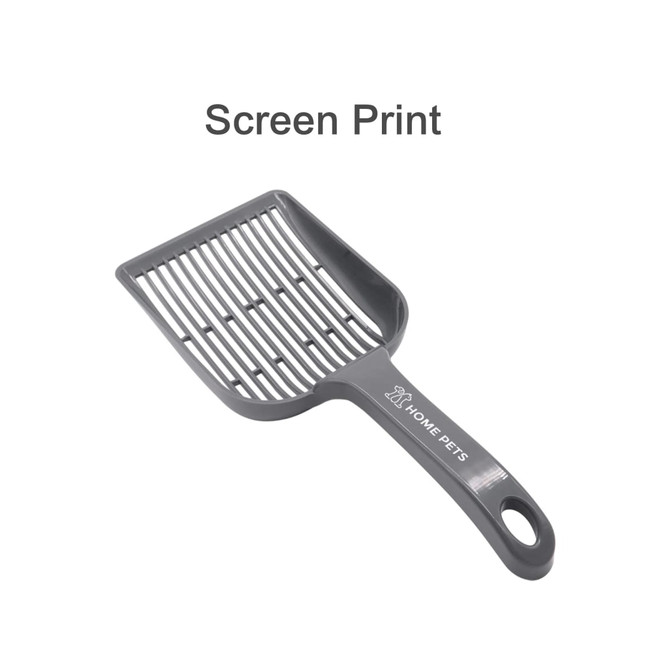 A large cat litter scoop in grey, featuring a slotted scoop design and a handle with a branding logo.