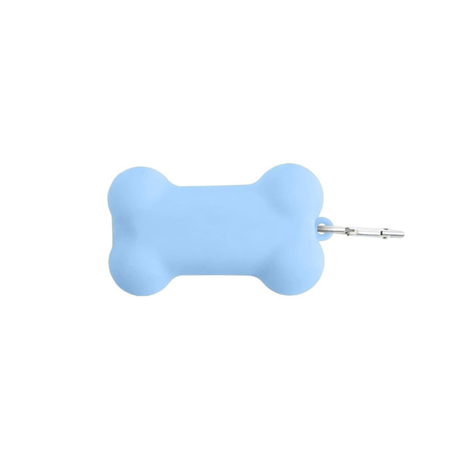 A blue silicone bone-shaped dog poop bag dispenser with a clip for attachment. Features a simple, smooth design.