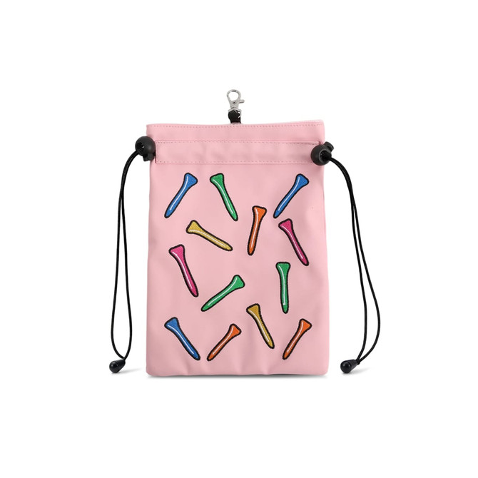 A pink pouch with a drawstring closure, featuring colourful golf tees in various hues and a logo.
