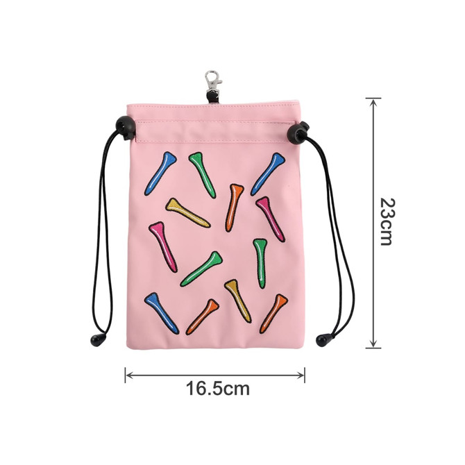 A pink pouch with a drawstring closure and colourful golf tees printed on the front. It has a clip for attachment.