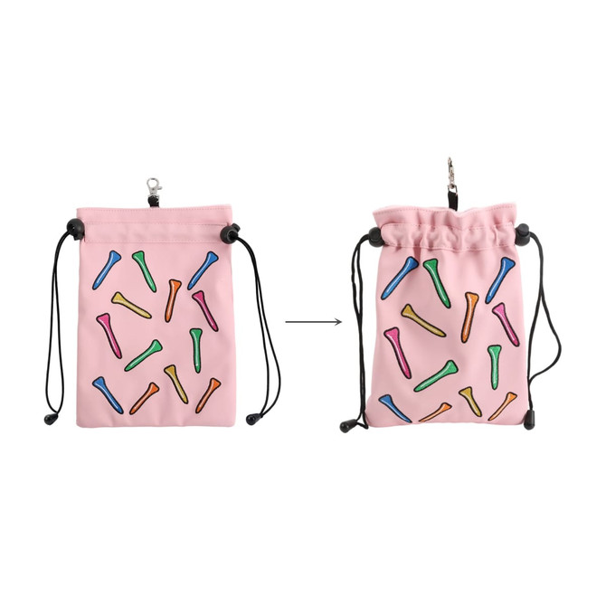 A pink pouch featuring colourful golf tees, designed with a drawstring closure and a clip attachment.