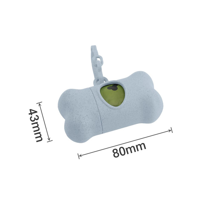 A blue bone-shaped pet waste bag dispenser with a green opening, featuring a clip for attachment. Measures 80mm by 43mm.