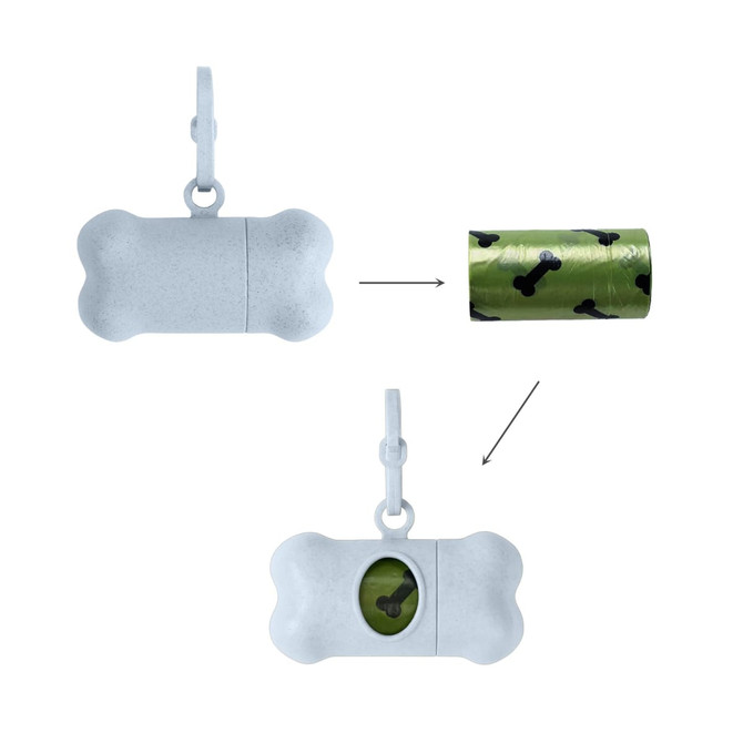 A bone-shaped grey pet waste bag dispenser with a roll of green bags featuring black bone patterns inside.