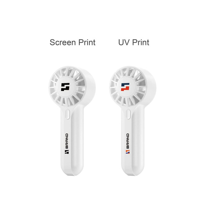 A mini handheld fan in white, featuring two styles of branding. One side shows screen print and the other UV print.