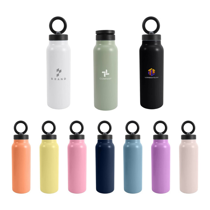 A drink bottle collection featuring various colours including white, green, black, orange, navy, pink, and purple, with logos.