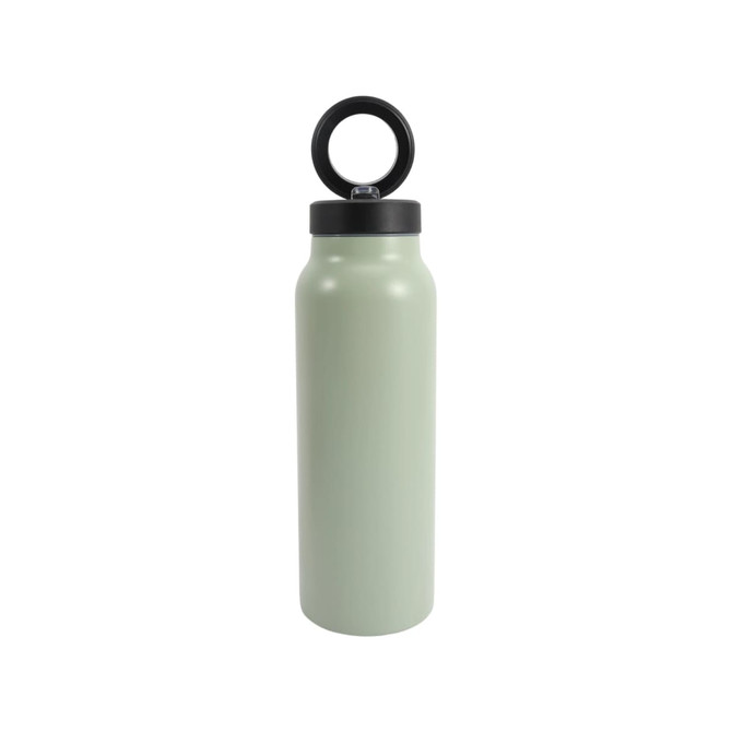 A drink bottle in light green with a black lid and ring for easy carrying. Features a logo on the side.