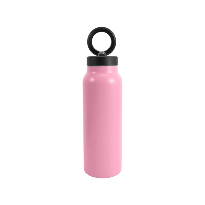 A drink bottle in pink stainless steel with a black magnetic phone holder on the cap and a logo.