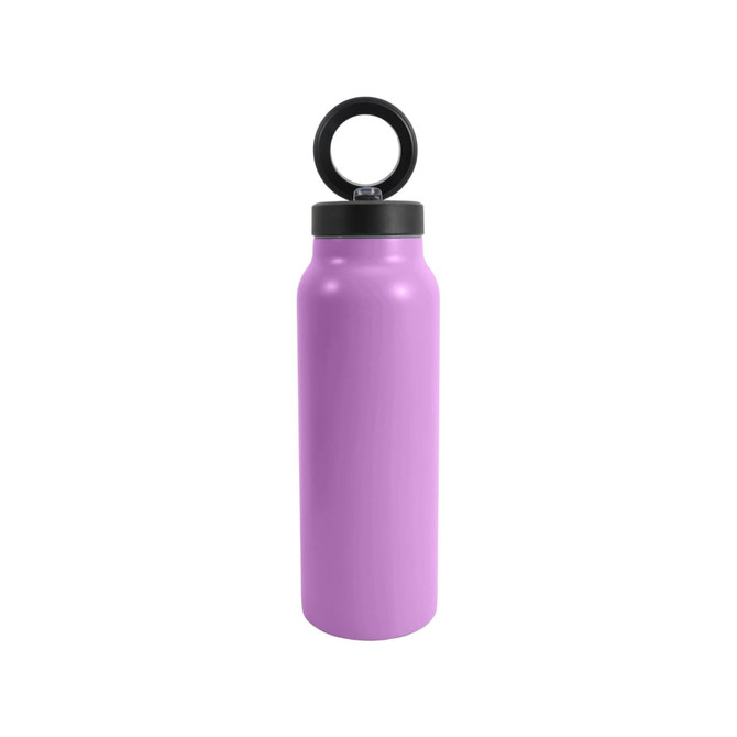 A drink bottle in vibrant purple with a black lid and a circular ring for easy carrying.