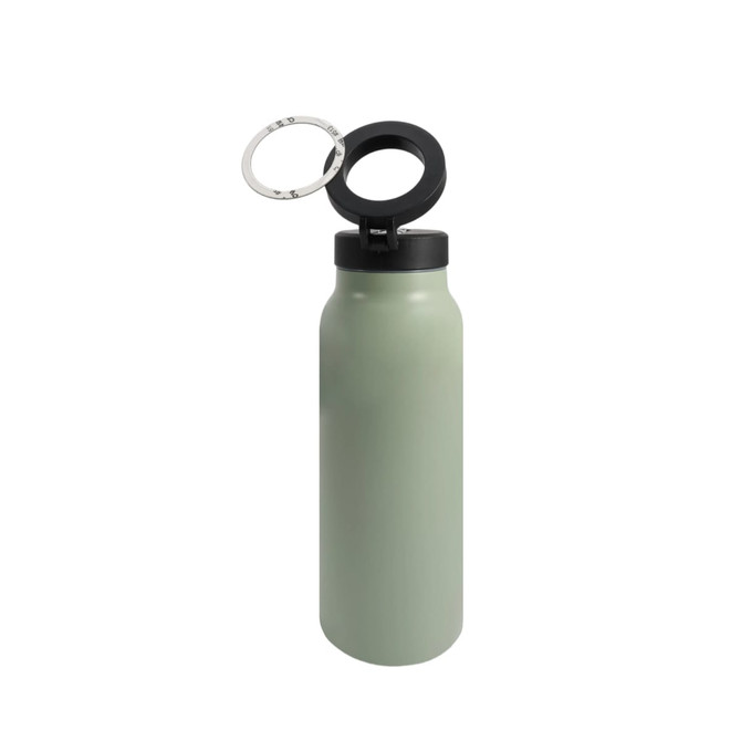 A drink bottle in matte green stainless steel with a black magnetic phone holder on the lid. It features a logo.