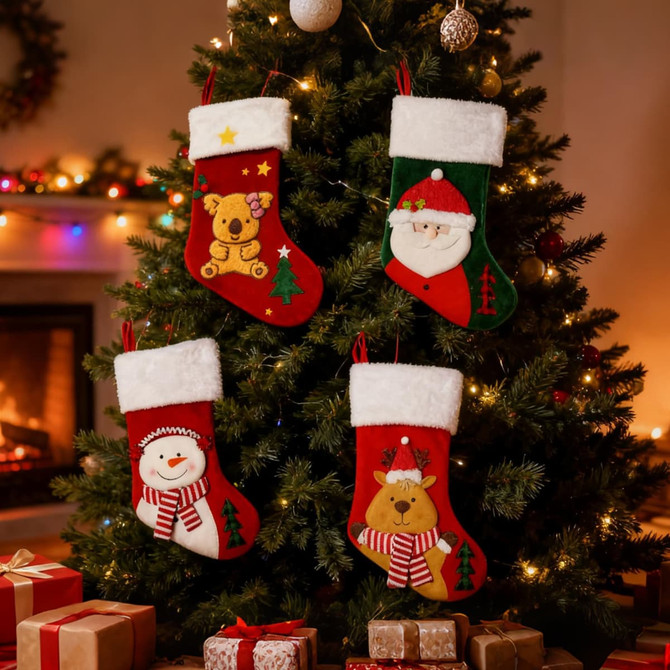 Four festive felt Christmas stockings in red and green, each featuring different playful designs, hanging on a tree.