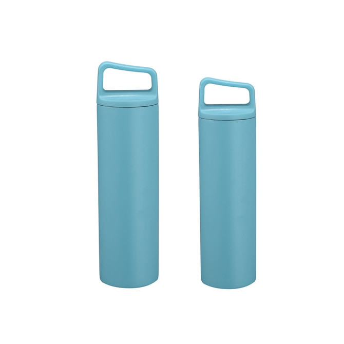 A drink bottle in light blue, featuring a handle and available in 500ML and 600ML sizes. It has a logo.