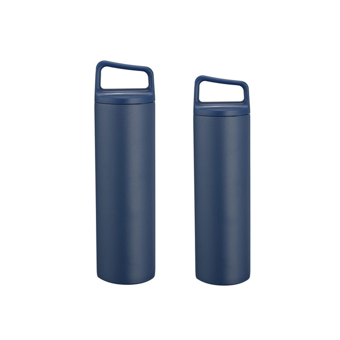 A drink bottle set featuring two navy stainless steel vacuum thermal bottles with handles.