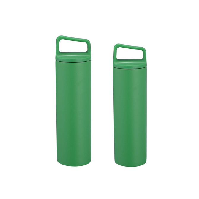 A drink bottle in vibrant green, featuring a handle, with two sizes: 500ML and 600ML.