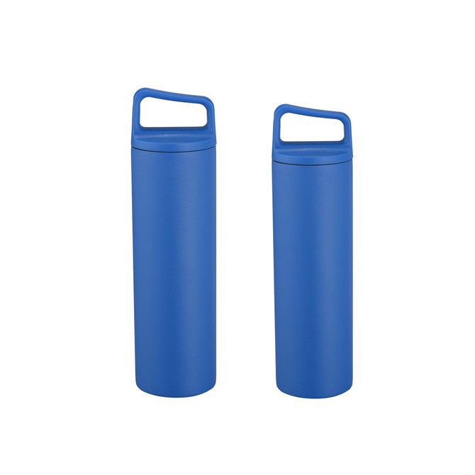 A drink bottle made of stainless steel, featuring a handle, in a vibrant blue colour, available in 500ML and 600ML sizes.